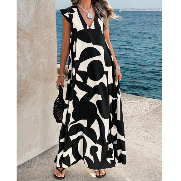 Abstract Geo Print Cap Sleeve V neck Flowy Maxi Dress - Picture 9 of 11